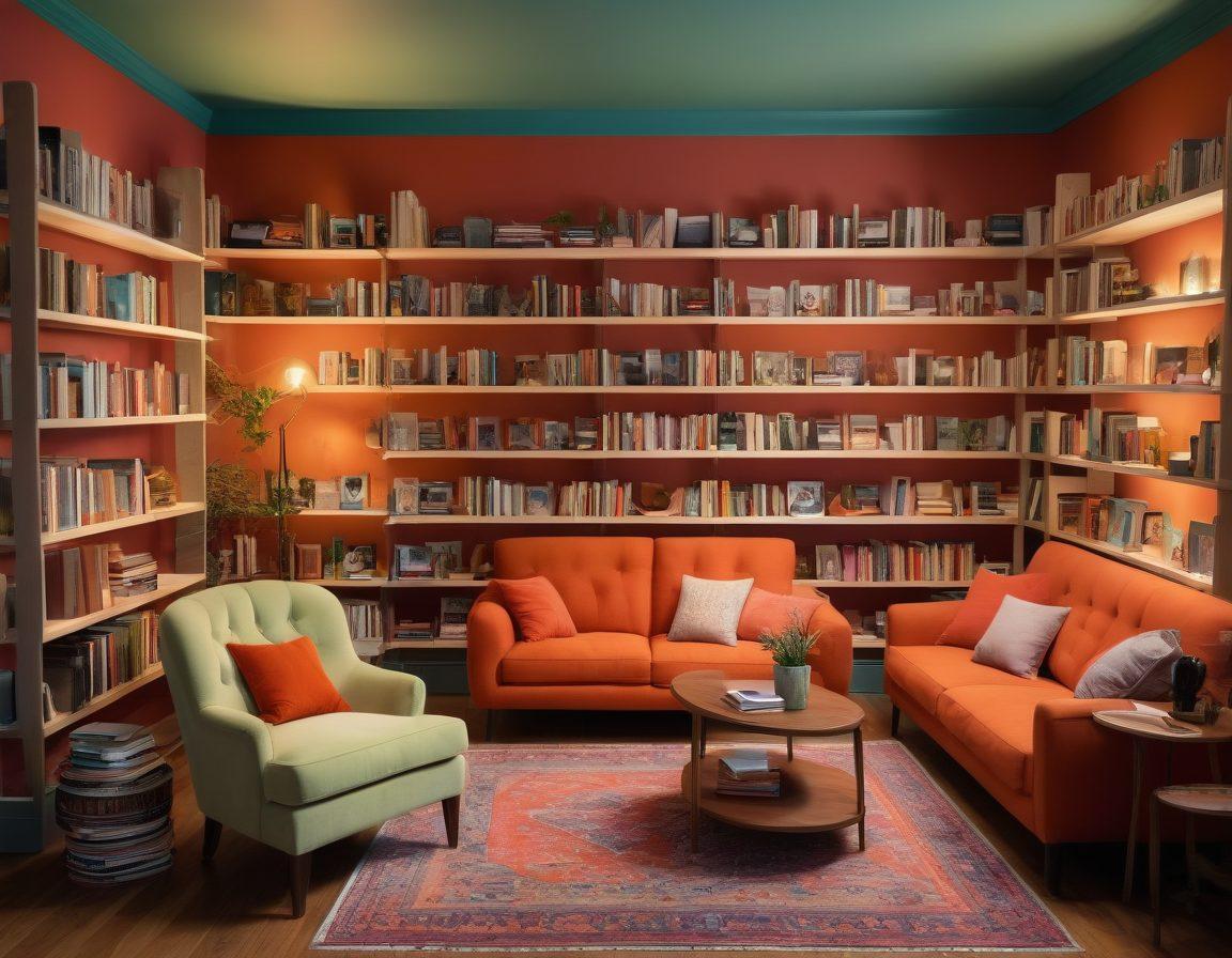 A warm and inviting space filled with diverse adults engaged in meaningful conversations about intimacy and sexuality. Include elements like cozy seating, soft lighting, and art representing various aspects of love and connection. Capture expressions of openness and trust among the participants, showcasing inclusivity and acceptance. A bookshelf in the background filled with books on relationships and sexuality adds depth to the scene. 3D. vibrant colors. soft focus.