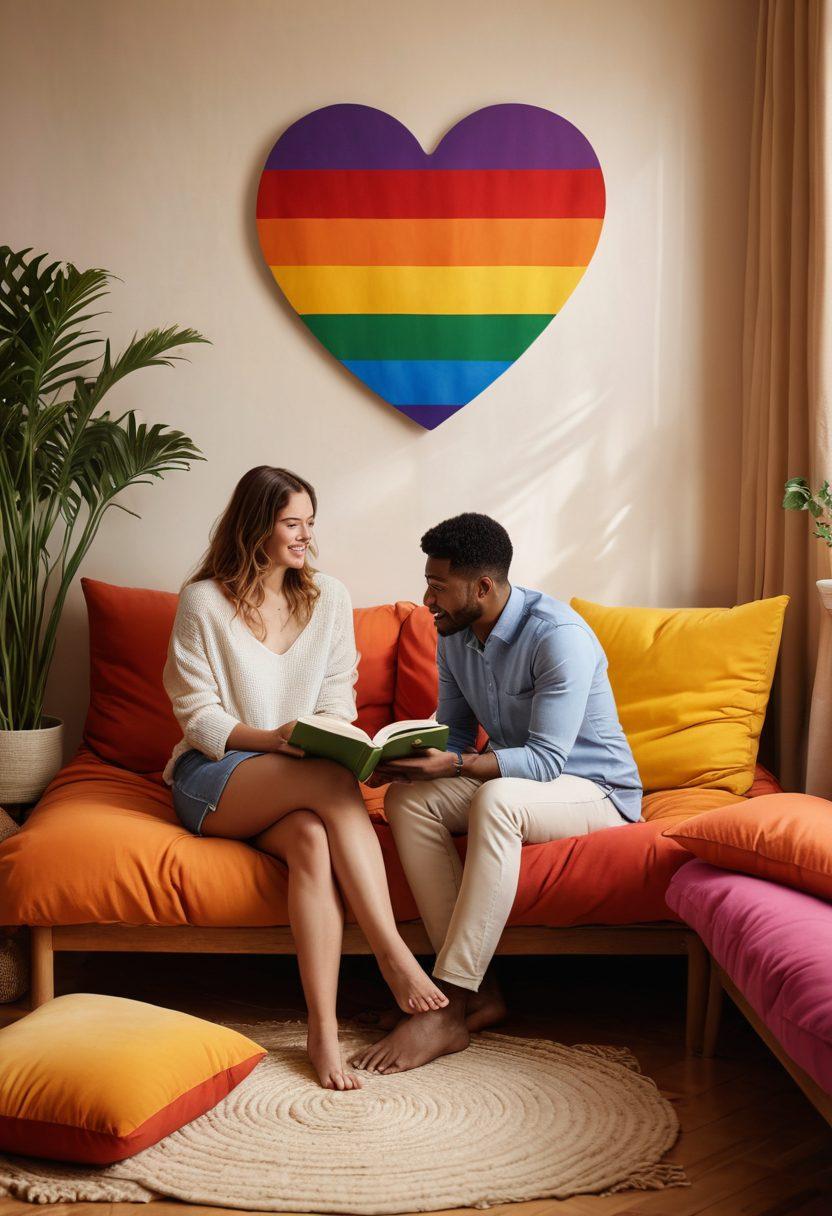 An intimate and inviting scene depicting a cozy, softly-lit room with two diverse individuals engaged in a candid conversation, surrounded by calming decor like plants and cushions. Include visual elements like open books on sexual health and relationship advice, emphasizing warmth and comfort. Add subtle symbols of safe space, such as a rainbow flag or heart motifs in the background. super-realistic. warm tones. inviting atmosphere.