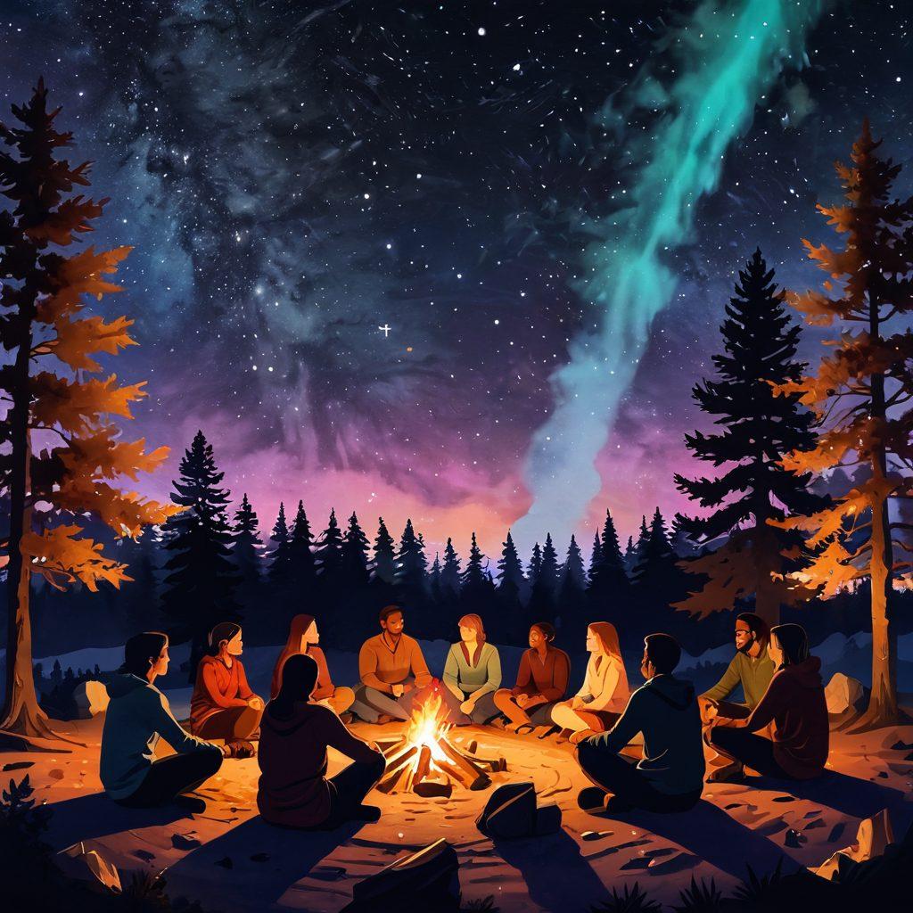 A cozy, warm scene showcasing a diverse group of people gathered in a circle, sharing stories around a glowing campfire. Their faces express empathy and connection, with their body language open and inviting. The background features twinkling stars and soft silhouettes of trees, symbolizing community under the night sky. Emphasize warm colors and a sense of intimacy. painterly style. vibrant colors. warm tones.